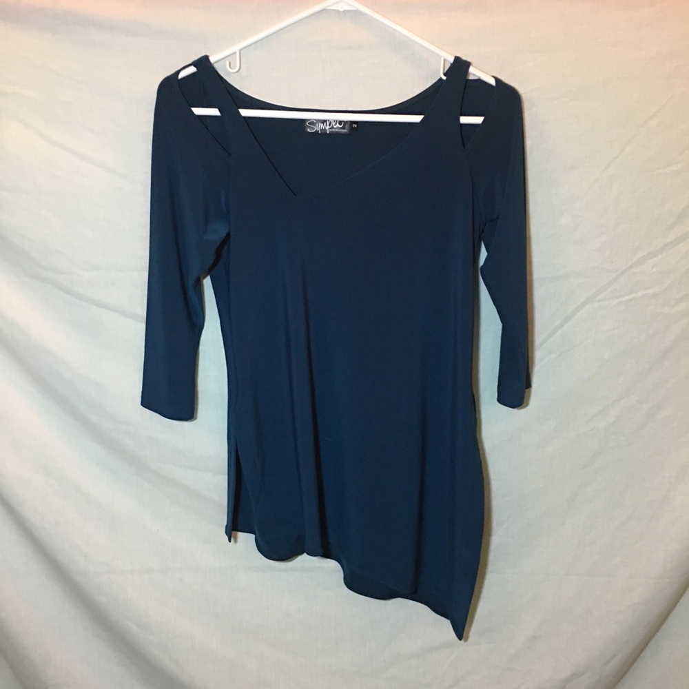 Sympli Teal Asymmetrical Teal Shoulder Slit & Side Slit Mid Sleeved Top
